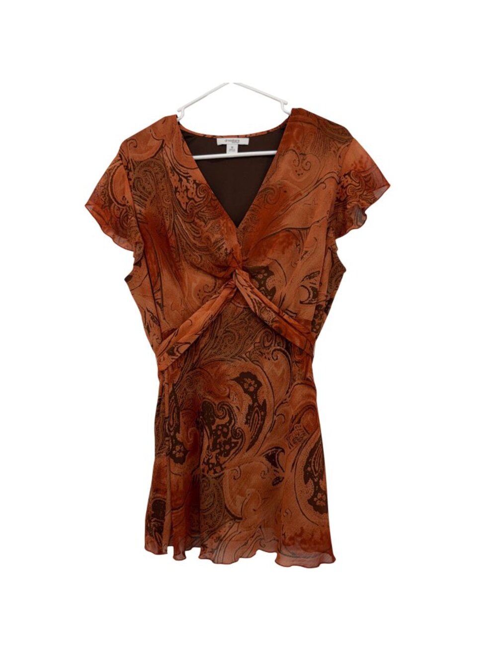 Dressbarn Vintage Woman 1X Rust & Brown Paisley Print Flutter Sleeve V-Neck Top